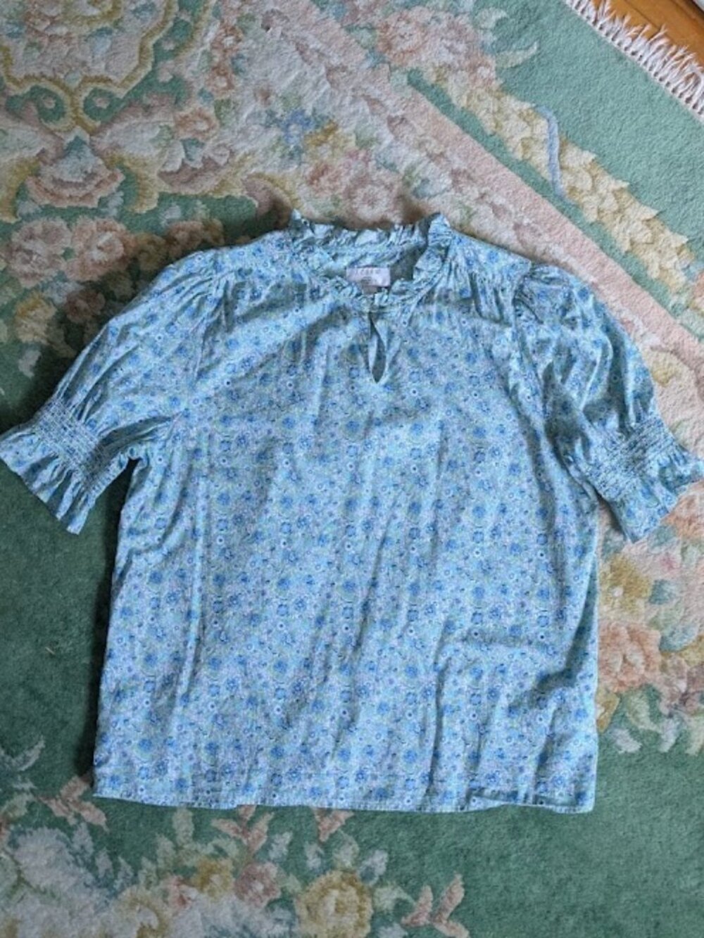 J. CREW Women Sz L Liberty Shirt Blouse Blue Floral Smocking Ruffle Neck Cotton